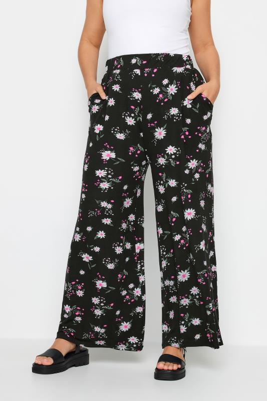 YOURS Plus Size Black Daisy Print Wide Leg Trouser | Yours Clothing 1