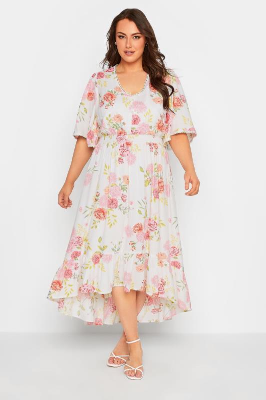  Grande Taille YOURS Curve White Floral Print Dipped Hem Midi Dress