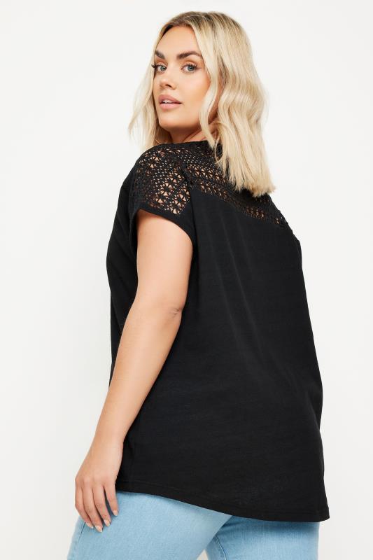 YOURS Plus Size Black Crochet Detail Linen T-Shirt | Yours Clothing 3