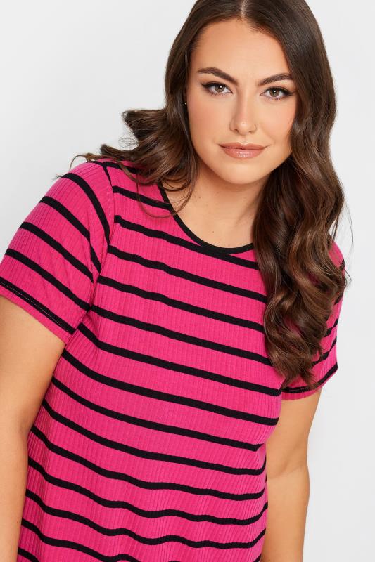 YOURS Curve Plus Size Hot Pink Stripe Ribbed Swing T-Shirt | Yours Clothing  4