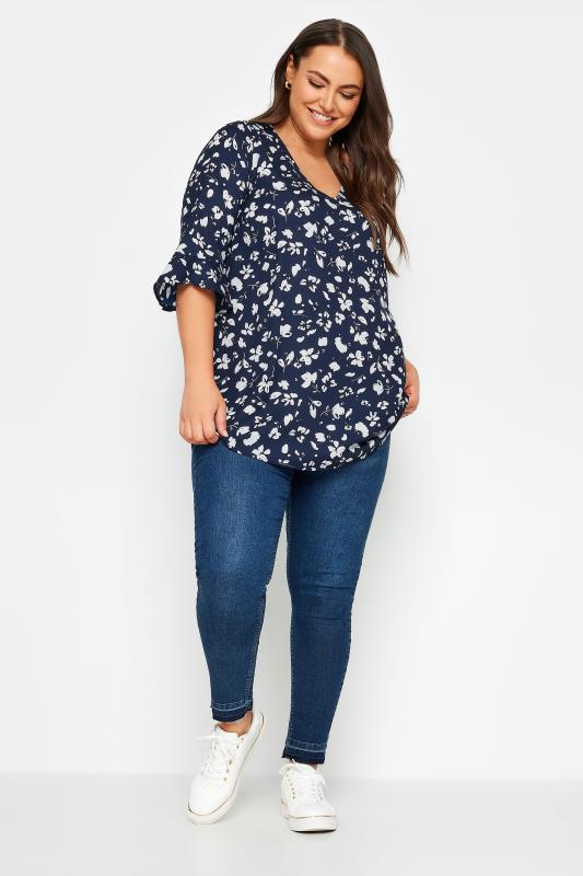 YOURS Plus Size Navy Blue Floral Print Swing Top | Yours Clothing 2