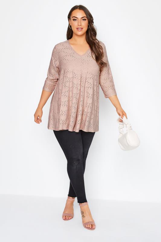 Plus Size Pink Broderie Anglaise V-Neck Top | Yours Clothing 2