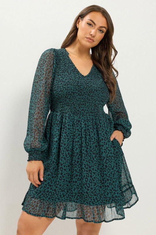 Yours Women's Plus Size Green Leopard Smock Chiffon Dress Size 26-28