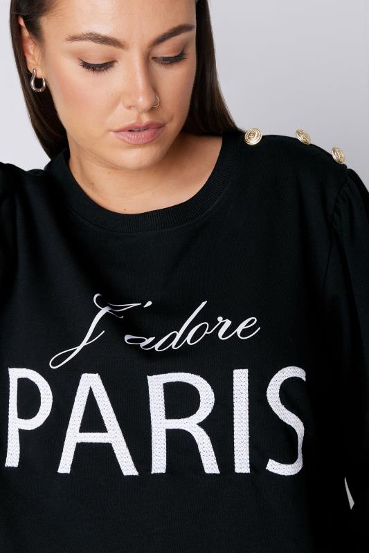 EVANS Plus Size Black 'Paris' Slogan Embroided Sweatshirt | Evans 4