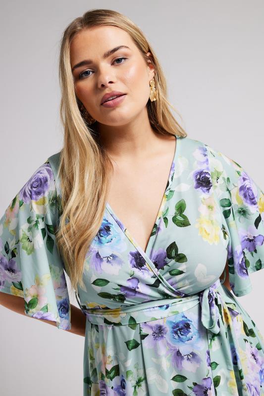 YOURS LONDON Plus Size Sage Green Floral Print Hanky Hem Wrap Dress | Yours Clothing 4