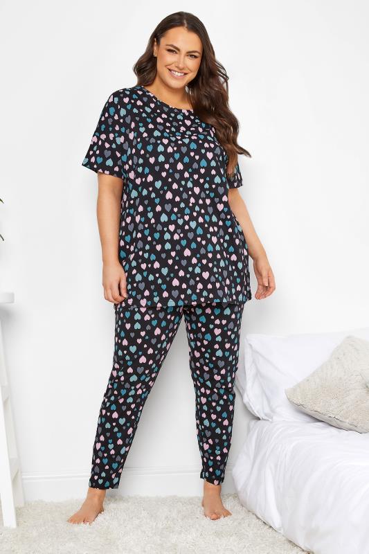 YOURS Plus Size Black Heart Print Tapered Pyjama Bottoms | Yours Clothing 2
