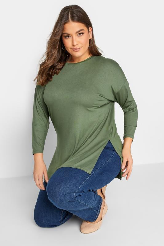 YOURS Plus Size Khaki Green Side Split Oversized T-Shirt | Yours Clothing  4