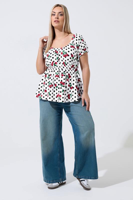LIMITED COLLECTION Plus Size Polka Dot Cherry Bardot Top | Yours Clothing 1
