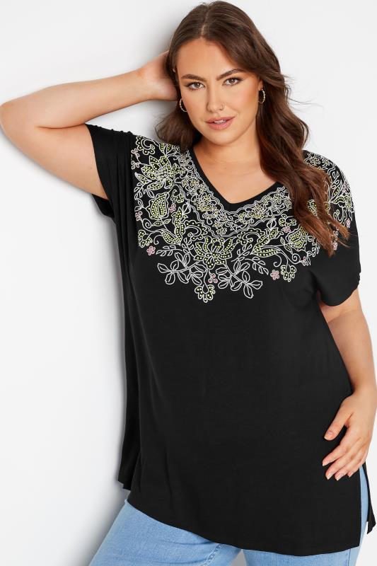 Plus Size Black Aztec Embroidered T-Shirt | Yours Clothing 4