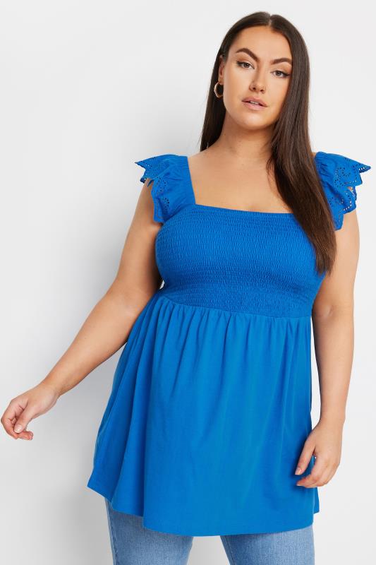 YOURS Plus Size Cobalt Blue Broderie Anglaise Peplum Top | Yours Clothing 1