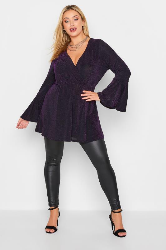 LIMITED COLLECTION Plus Size Purple Glitter Wrap Top | Yours Clothing  2