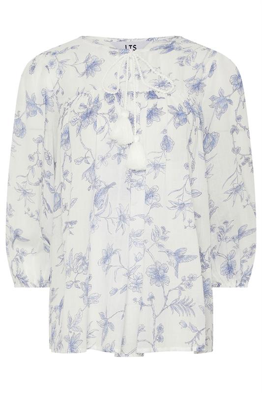 LTS Tall Women's Blue & White Floral Tassel Tie Cotton Blouse | Long Tall Sally 5