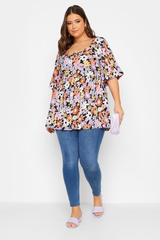 YOURS Curve Plus Size Purple Floral Peplum Top | Yours Clothing