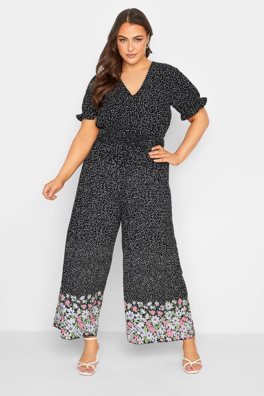 YOURS Plus Size Black Floral Border Print Jumpsuit | Yours Clothing 2