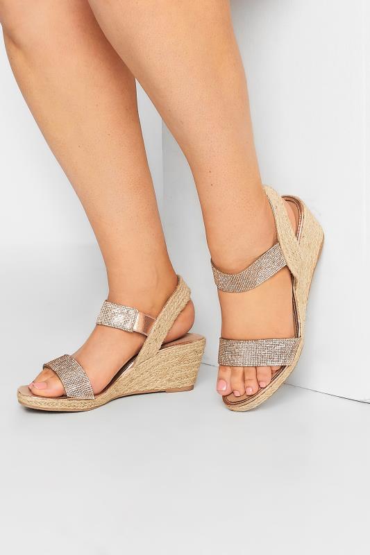 Plus Size  Rose Gold Diamante Embellished Espadrille Wedges In Wide E Fit & Extra Wide EEE Fit