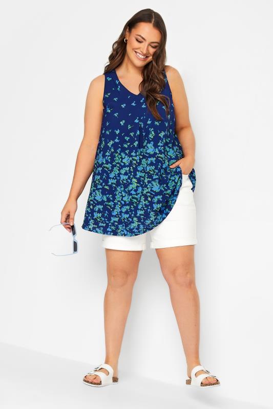 YOURS Curve Plus Size Navy Blue Floral Border Swing Top | Yours Clothing  2