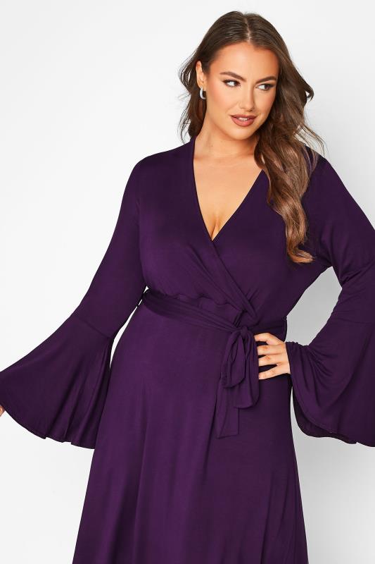 Curve Purple Long Flare Sleeve Wrap Dress 4