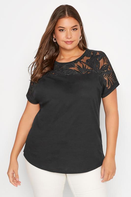 Plus Size  Curve Black Floral Mesh Panel T-Shirt