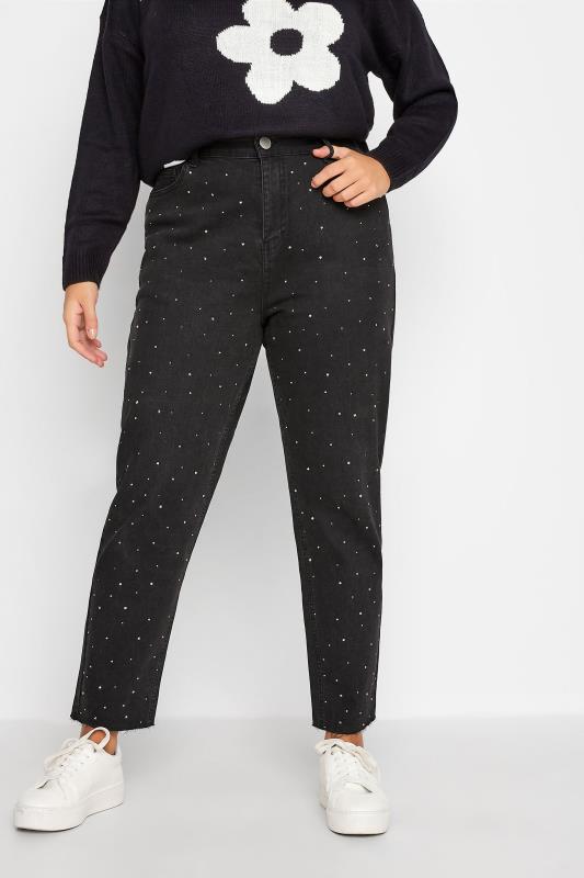 Plus Size Black Washed Diamante MOM Jeans | Yours Clothing 1