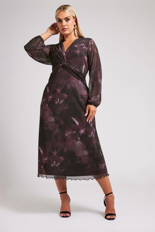  Grande Taille YOURS LONDON Curve Purple Blur Floral Print Knot Front Midaxi Dress