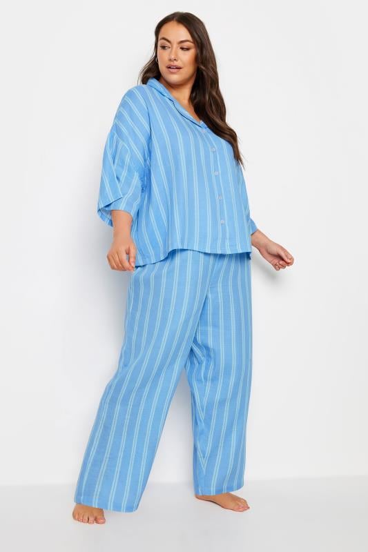 YOURS Plus Size Blue Stripe Print Pyjama Set | Yours Clothing 2