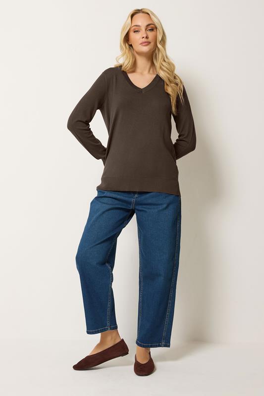 M&Co Chocolate Brown V-Neck Jumper | M&Co 1