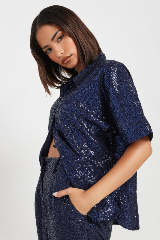PixieGirl Petite Women's Navy Blue Sequin Embellished Short Sleeve Shirt | PixieGirl 7