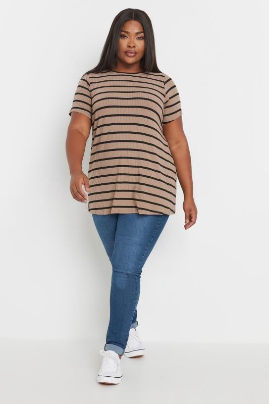 YOURS Plus Size Brown Stripe Ribbed Swing T-Shirt | Yours Clothing  2