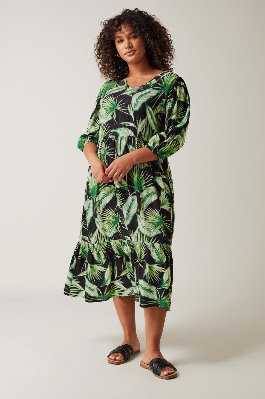 EVANS Plus Size Green Palm Print Tiered Midi Dress | Evans 2