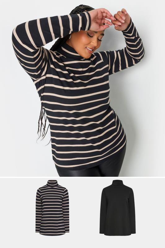 YOURS 2 PACK Curve Black & Natural Stripe Turtle Neck Tops | Yours Clothing 1