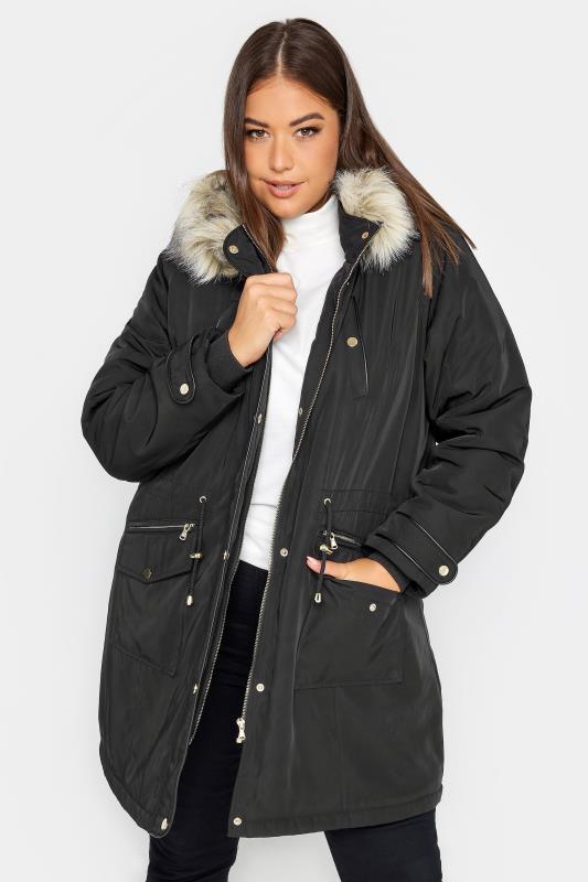 YOURS Plus Size Black Faux Fur Trim Hooded Parka Coat | Yours Clothing 1