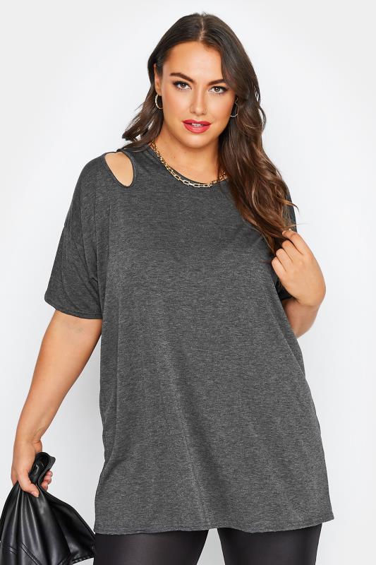 Plus Size  LIMITED COLLECTION Curve Grey Cut Out Sleeve Oversized T-Shirt