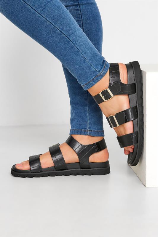 Black Croc Buckle Sandals In Extra Wide Fit | Yours Clothing  1