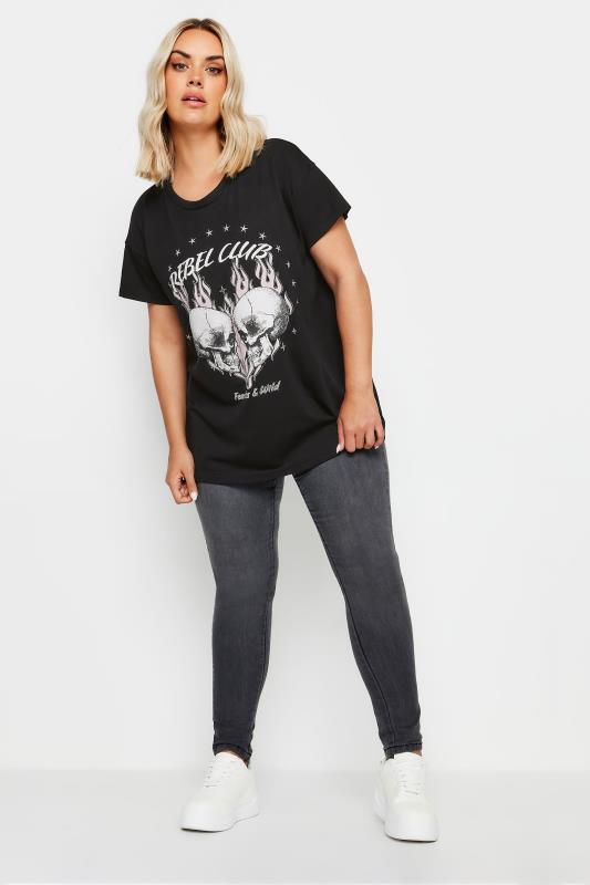 YOURS Plus Size Black 'Rebel Club' Slogan T-Shirt | Yours Clothing 2