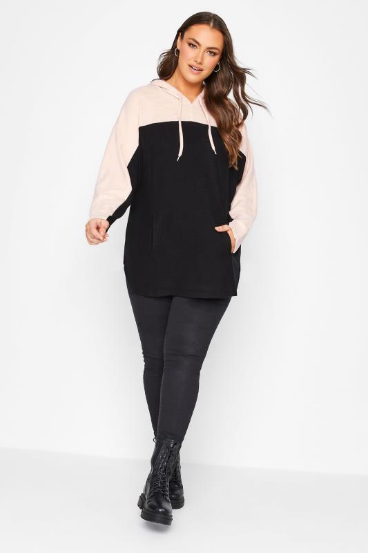 Plus Size Black & Pink Colour Block Soft Touch Hoodie | Yours Clothing 2