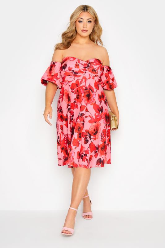 YOURS LONDON Plus Size Pink Floral Bardot Skater Dress | Yours Clothing 2