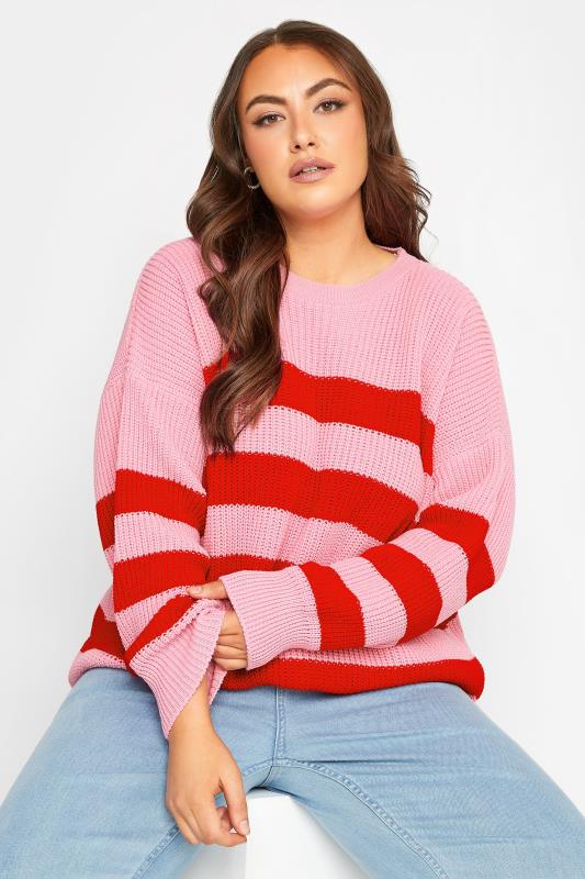 YOURS Plus Size Pink Stripe Jumper | Yours Clothing 1