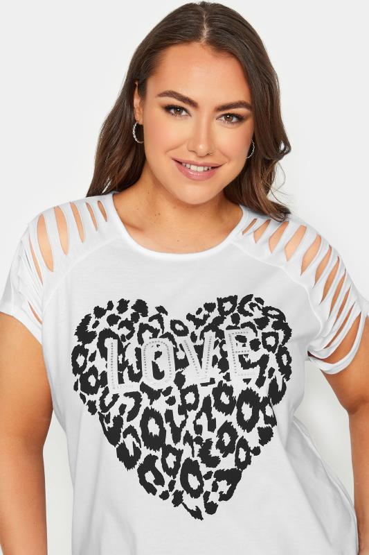 YOURS Plus Size White Leopard Print 'Love' Distressed T-Shirt | Yours Clothing 4