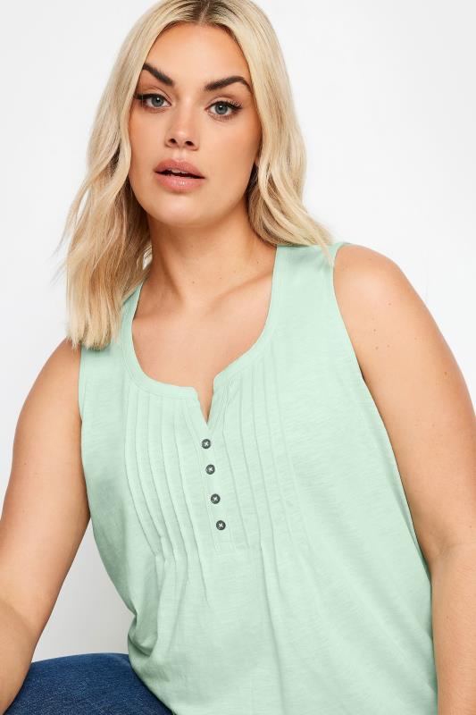 YOURS Plus Size Light Green Pintuck Henley Vest Top | Yours Clothing 4