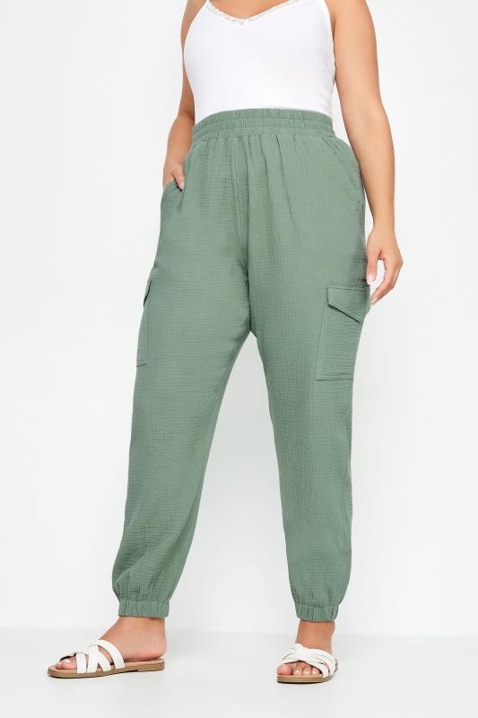 Plus Size  YOURS Curve Sage Green Cheesecloth Cuffed Joggers
