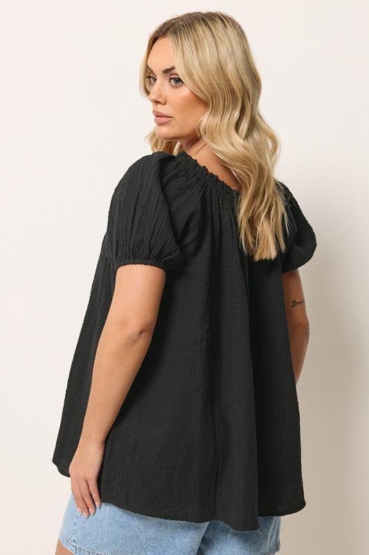 YOURS Plus Size Black Dobby Bardot Cheescloth Top | Yours Clothing 2
