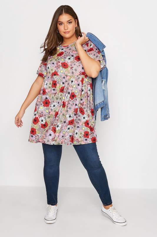 Plus Size Pink Floral Print Smock Tunic Dress | Yours Clothing 2