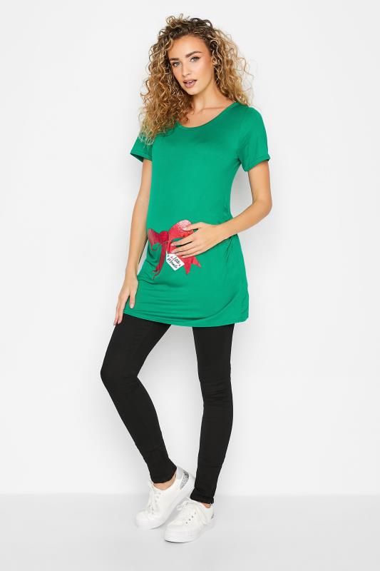 LTS Tall Maternity Green & Red Bow Print 'Little Miracle' Christmas T-shirt | Long Tall Sally 2