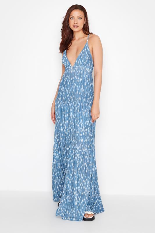 LTS Tall Women's Blue Spot Print Cross Back Tiered Maxi Dress | Long Tall Sally 1