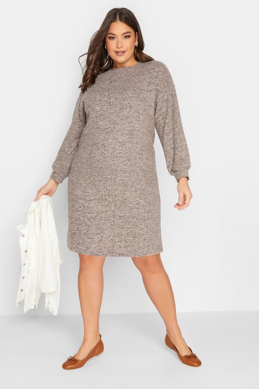 Plus Size YOURS Curve Beige Brown Marl Soft Touch Midi Dress | Yours Clothing  2