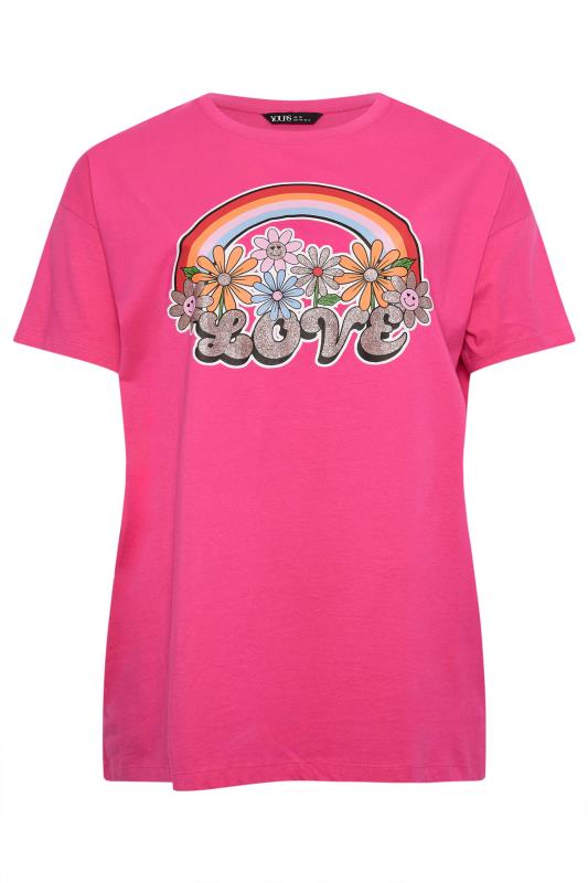 YOURS Plus Size Pink Rainbow Print 'Love' Slogan Oversized T-Shirt | Yours Clothing 6
