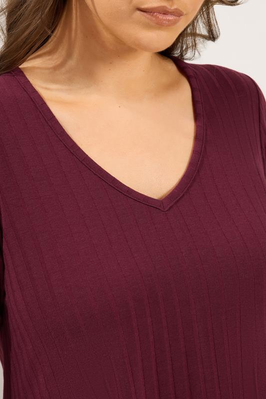 YOURS Plus Size Red Plunge Neck Ribbed T-Shirt | Yours Clothing 4
