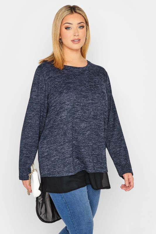 Plus Size Blue Mesh Hem Soft Touch Top | Yours Clothing 1