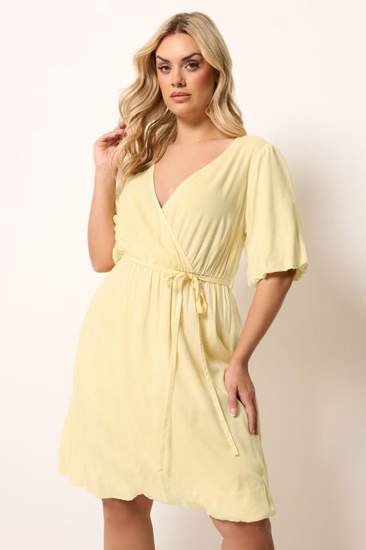 YOURS Plus Size Yellow Puff Ball Wrap Dress | Yours Clothing 1