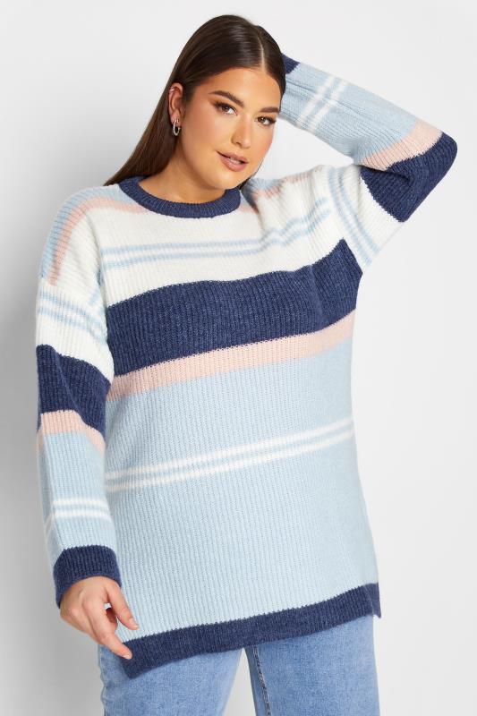 YOURS LUXURY Plus Size Blue Stripe Longline Jumper | Yours Clothing 1